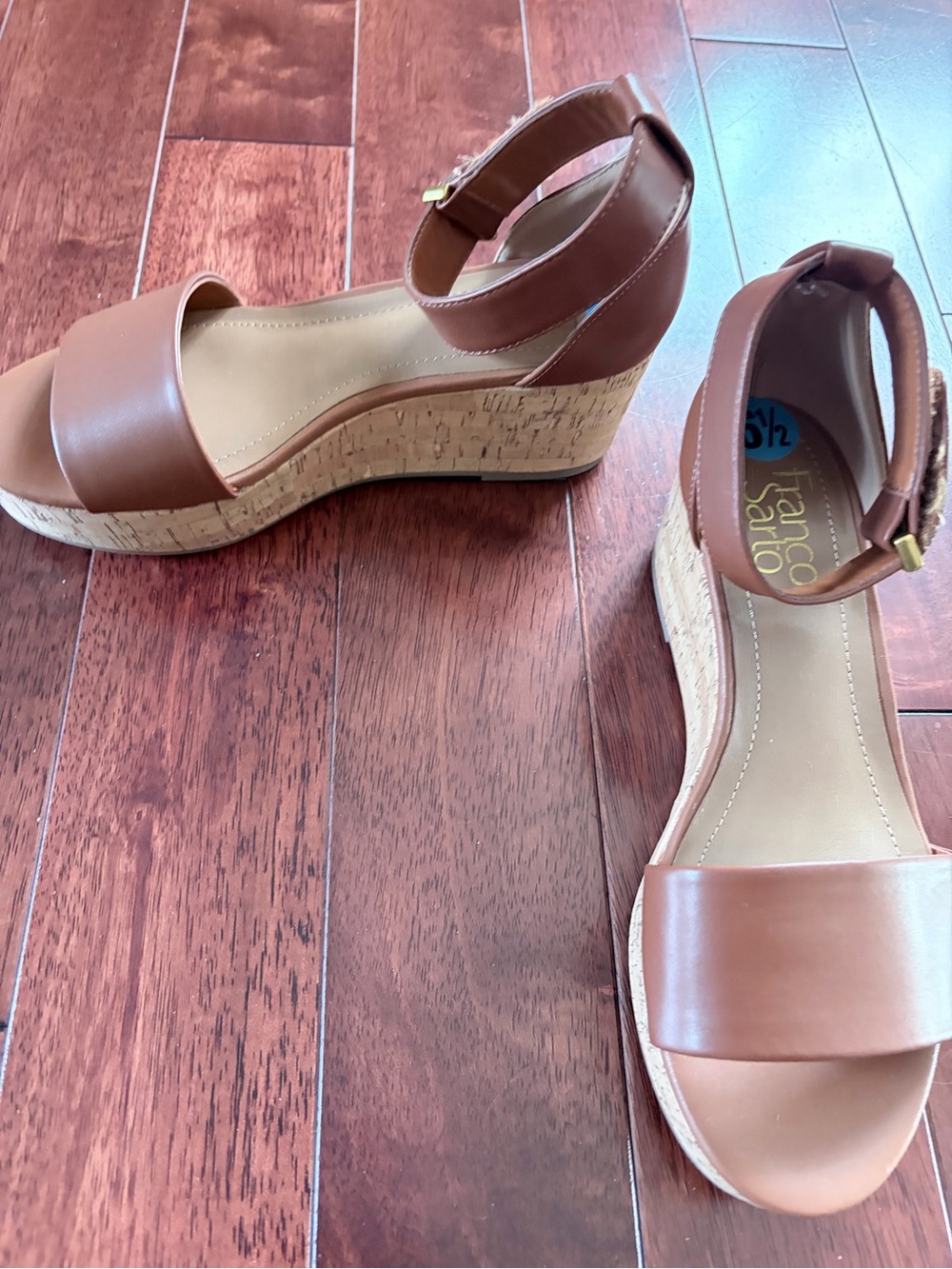 Franco Sarto Tan Leather Ankle-Strap Wedge Sandals - Picture 2 of 4